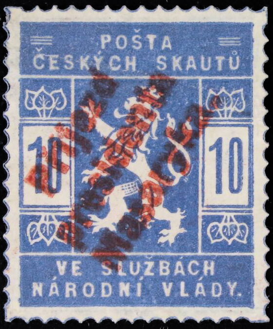 Czech lion — 10 h light blue, red overprint (Masaryk arrival)