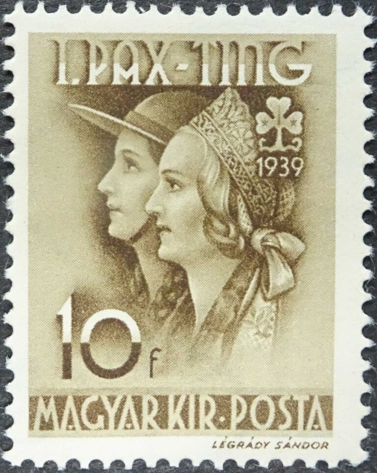 Girls in Scout dress and national headdress — 10 fillér, perforated