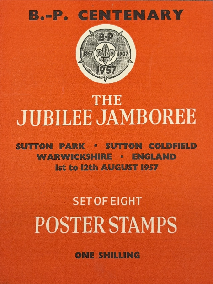 Folder cover — B.-P. CENTENARY · THE JUBILEE JAMBOREE · SET OF EIGHT POSTER STAMPS, ONE SHILLING