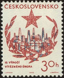 30 h industrial plant with red star and wreath — 15th anniversary of Victorious February