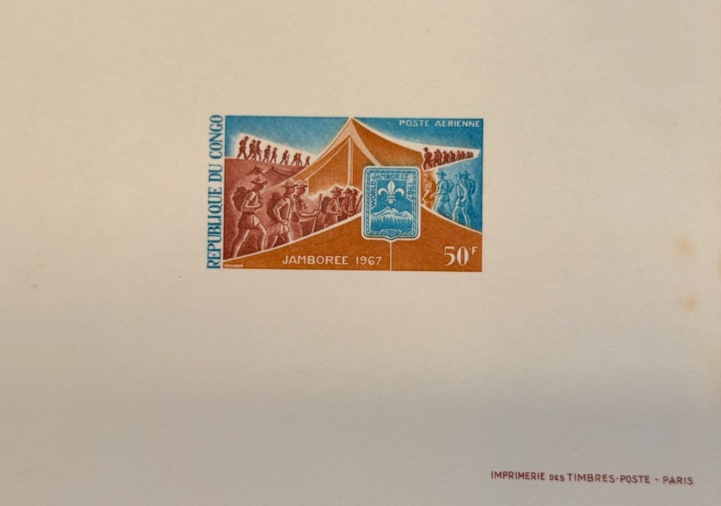 50 f de luxe proof — Scouts marching past tent (Imprimerie des Timbres-Poste, Paris)