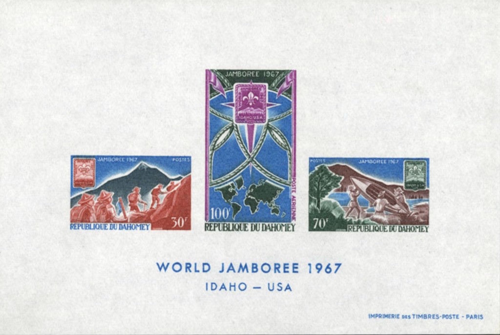 Imperforate souvenir sheet of three — 30 f, 100 f airmail and 70 f; WORLD JAMBOREE 1967 / IDAHO — USA