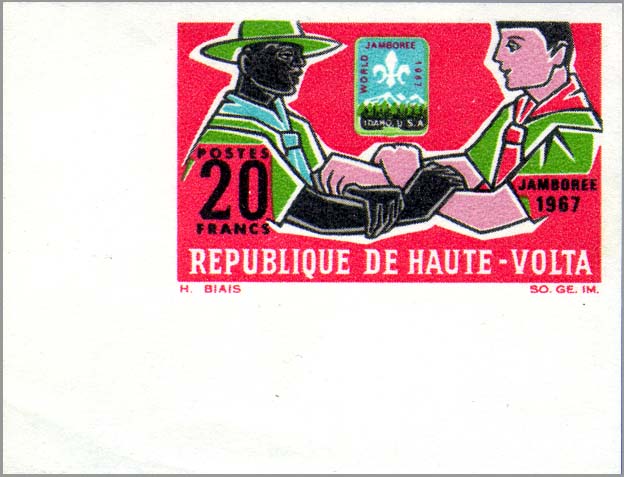 African and European Scouts shaking hands, imperforate