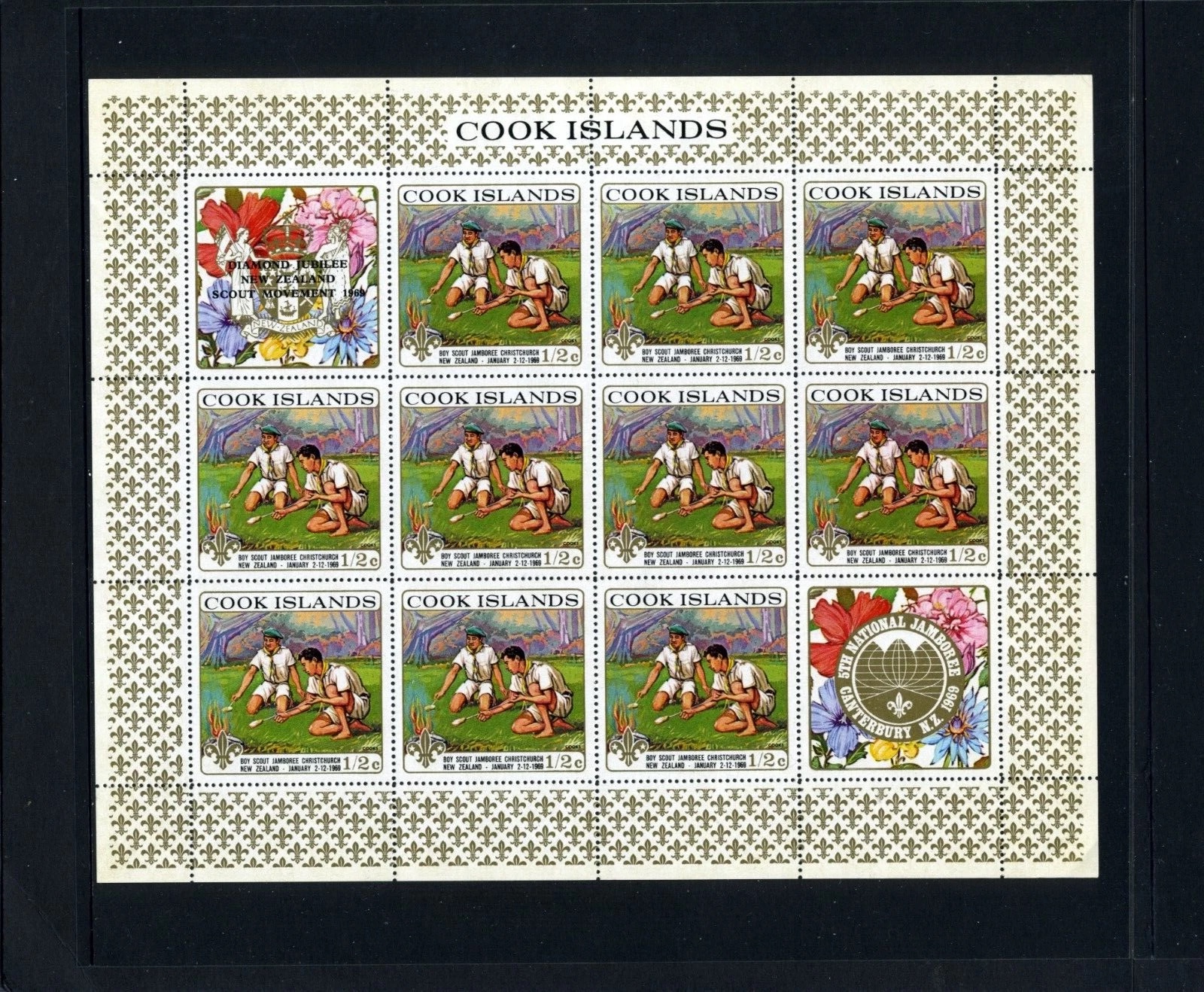 ½ c miniature sheet — ten campfire stamps plus two commemorative labels