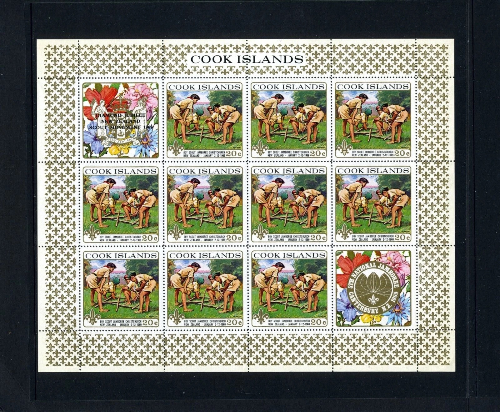 20 c miniature sheet — ten hut-building stamps plus two commemorative labels